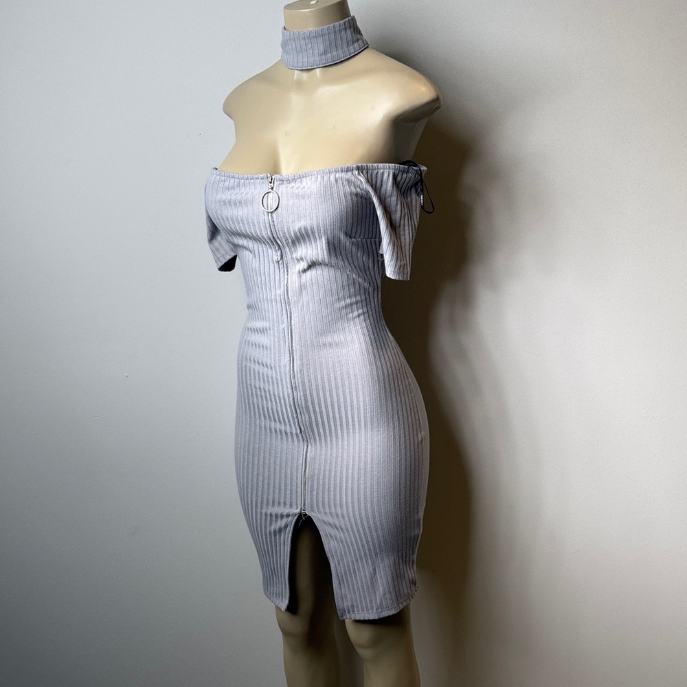 One-Shoulder Ribbed Bodycon Dress with Choker in Light Gray - Picture 5 of 9